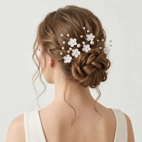 Bridal Flower Hair Stick Set White Fabric Flowers Artificial Pearl U-Shaped Pins Wedding Hair Accessories Handmade Hairpins For Women 6 Pieces