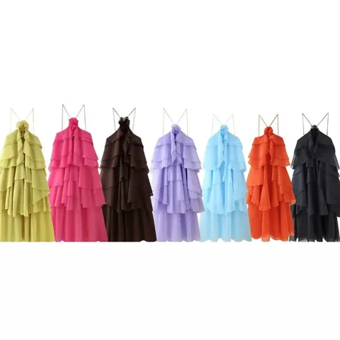 Layered Halter Maxi Dress With 3D Flower Neck Chiffon Backless Ruffle Evening Party Long Gown Women