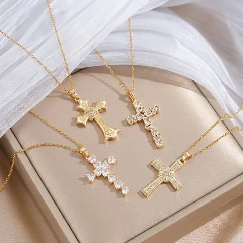 Vintage Stainless Steel Cross Pendant Necklace For Women Gold Plated Copper Zirconia Inlaid Luxury Religious Fashion Jewelry