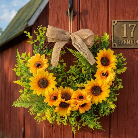 Corona De Girasol Artificial Con Lazo De Arpillera Y Decoración De Abeja Estilo Rural Para Puerta De Entrada Decoración Hogar