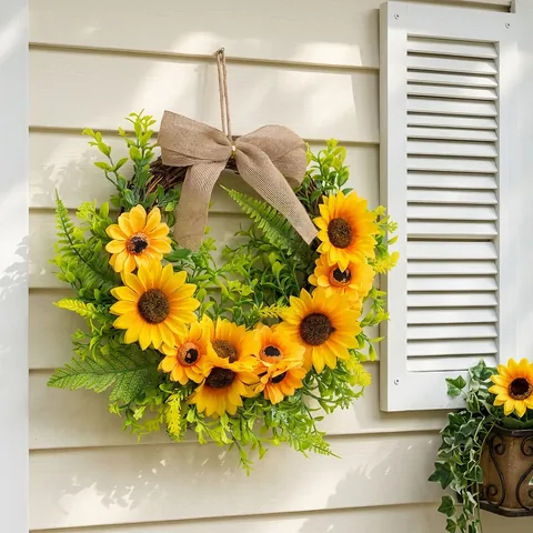 Corona De Girasol Artificial Con Lazo De Arpillera Y Decoración De Abeja Estilo Rural Para Puerta De Entrada Decoración Hogar