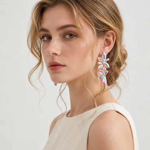 Luxury Marquise Cut Crystal AB Rhinestone Drop Earrings Alloy Floral Leaf Cluster Stud Earrings For Women Wedding Party Jewelry