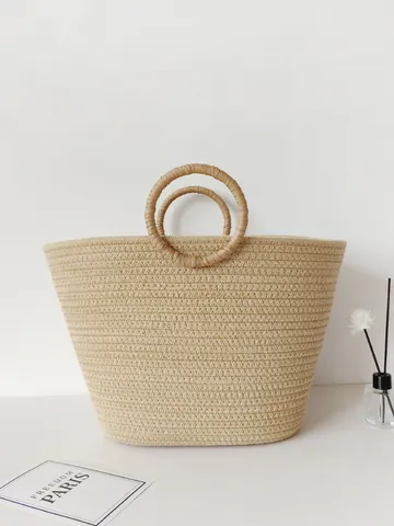 Sac Cabas Tissé À La Main En Paille Et Coton Grande Capacité Poignée Ronde Style Bohème Plage Vacances