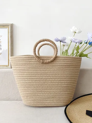 Sac Cabas Tissé À La Main En Paille Et Coton Grande Capacité Poignée Ronde Style Bohème Plage Vacances