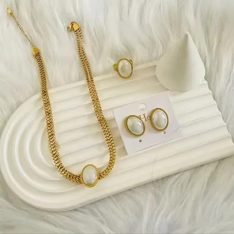 Ensemble de Bijoux Style Français Grandes Perles Artificielles Acier Inoxydable Plaqué Or Collier Boucles d'Oreilles Bague pour Femme