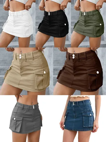 Γυναικεία Μίνι Φούστα Cargo Βαμβακερό Twill Χαμηλόμεση Μονόχρωμη Streetwear Y2K Εφαρμοστή Με Μεγάλες Τσέπες