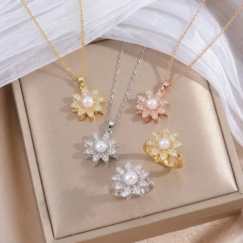 Rotating Sunflower Artificial Pearl Zirconia Jewelry Set Stainless Steel Flower Necklace And Adjustable Ring For Women Elegant Gift