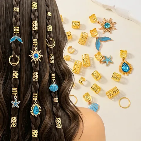 Anillos para el Cabello Braid de Aleación y Esmalte Con Dijes de Cola de Pez Concha Estrella de Mar Sol para Mujer Fiesta