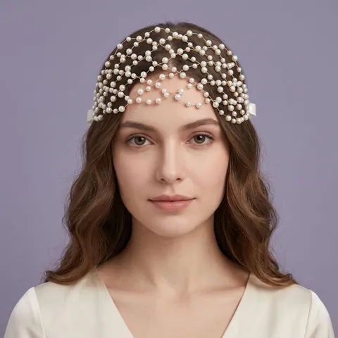 Bohemian Handmade Rhinestone Artificial Pearl Mesh Hairband Wedding Bridal Hair Accessories Headpiece For Vacation Photo Shoot