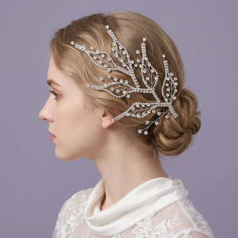 Luxury Handmade Bridal Hair Vine Silver Copper Wire Rhinestone Artificial Pearl Wedding Branch Headband For Women Jewelry