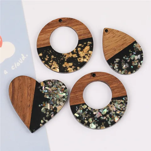 Pendentif Géométrique en Bois Naturel et Résine Accessoires de Fabrication de Bijoux DIY Fait Main Incrustation de Coquillage Effet Feuille d'Or Pendentifs Artisanaux pour Collier Boucle d'Oreille
