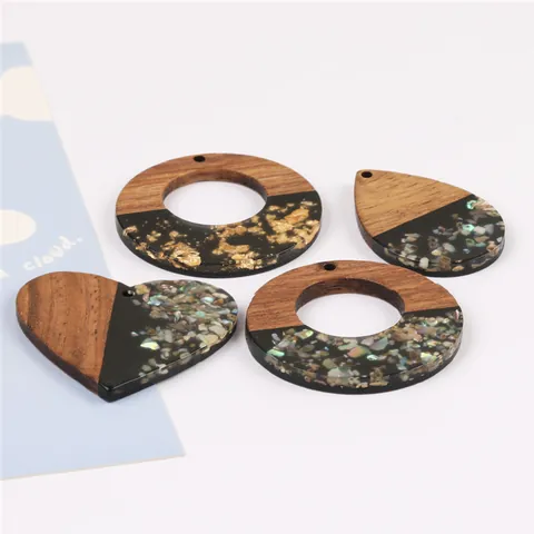 Pendentif Géométrique en Bois Naturel et Résine Accessoires de Fabrication de Bijoux DIY Fait Main Incrustation de Coquillage Effet Feuille d'Or Pendentifs Artisanaux pour Collier Boucle d'Oreille