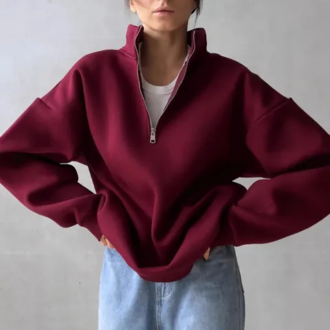 Women Oversized Fleece Thickened Hoodie Cotton Warm Half Zipper Lapel Sweatshirt Loose Solid Color Embroidered Casual Top Jacket