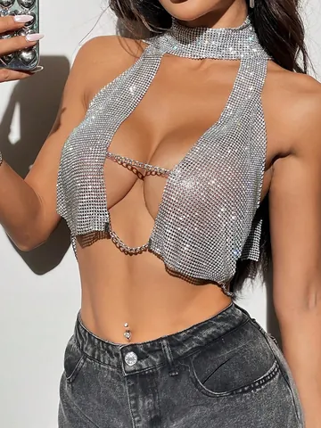 Sexy American Style Silver Halter Top For Women Rhinestone Mesh Metal Chain Sleeveless Backless Party Clubwear Fashion Top