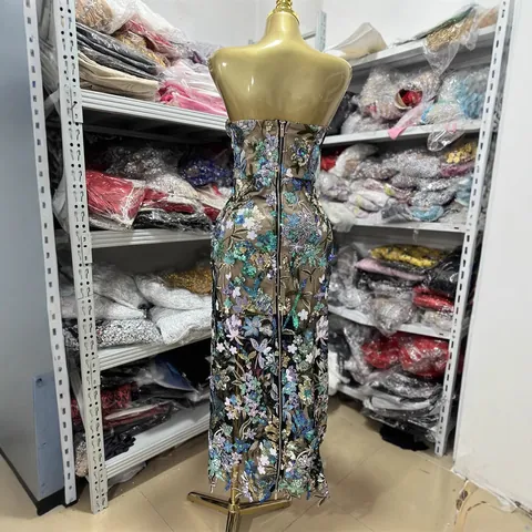 Elegant Strapless Floral Embroidered Evening Gown Sexy Sequined Bodycon Long Party Dress Sleeveless Formal Prom Dress For Women