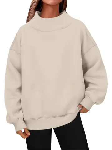Damen Übergröße Fleece Sweatshirt Stehkragen Überschnittene Schulter Langarm Strick Polyester Einfarbig Lockerer Pullover Lässig Top