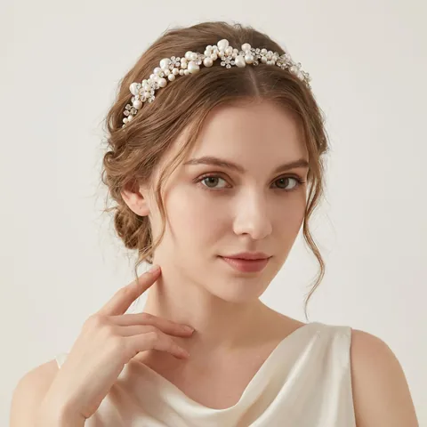 Vid de Pelo Nupcial Hecho a Mano Con Perla Artificial Flor de Diamante de Imitación Cristal Elegante Diadema Floral Dorada para Boda Fiesta Mujer