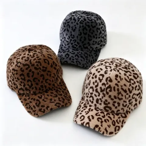 Leopard Print Plush Baseball Cap Winter Warm Faux Fur Adjustable Fashion Trucker Hat For Women Men Kids Outdoor Headwear