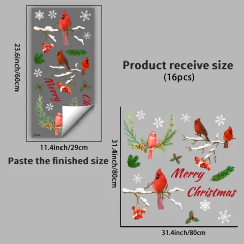 Christmas Window Stickers Red Cardinal Bird Snowflake Static Cling PVC Decals For Glass Door Holiday Party Home Decor