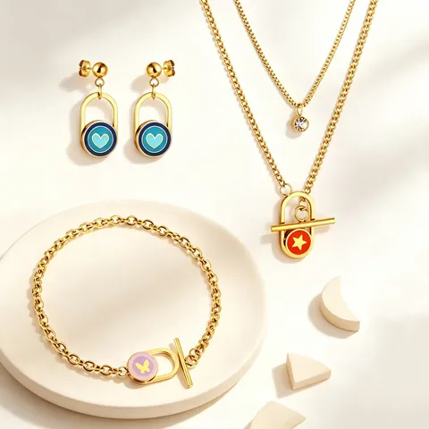Moda Acero Inoxidable Mariposa Corazón Esmalte Dije Pulsera Pendientes Conjunto Oro Plata Cadena Cierre OT Joyería Para Mujer