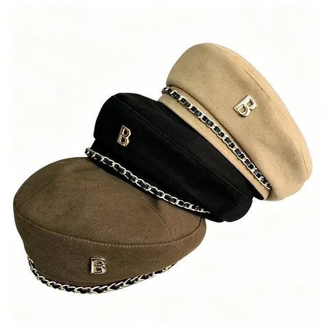 Vintage British Style Beret Hat For Women With B Letter Logo Metal Chain Decor Fashion Polyester Cotton Painter Hat Daily Streetwear Headwear