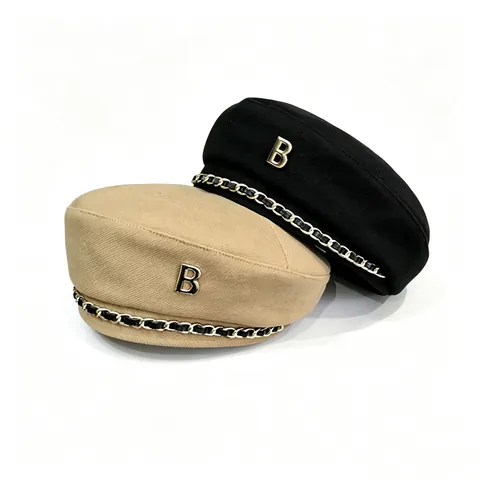 Vintage British Style Beret Hat For Women With B Letter Logo Metal Chain Decor Fashion Polyester Cotton Painter Hat Daily Streetwear Headwear