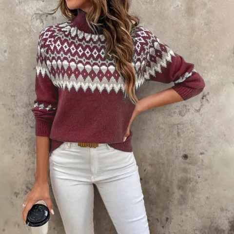 Damen Eleganter Geometrischer Jacquard Acryl Pullover Dick Strick Rundhals Langarm Herbst Winter Warm Top