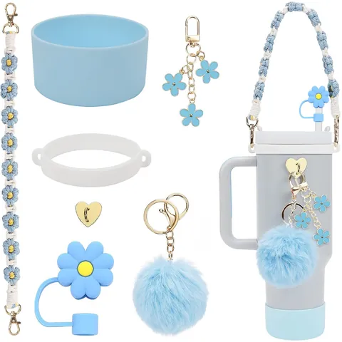 Bloemen Rietje Dop Beker Cover Siliconen Boot Accessoires Set Voor Beker Met Geweven Handvat Riem Pompon Sleutelhanger Decoratieve Kit