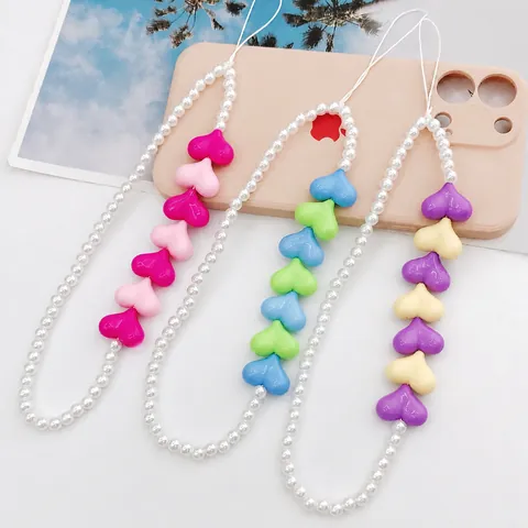 Acryl Herz Perlen Handykette Mit Künstlicher Perle Anti-Fall Handy Lanyard Süße Handgelenkschlaufe Handyhülle Dekor Für Damen