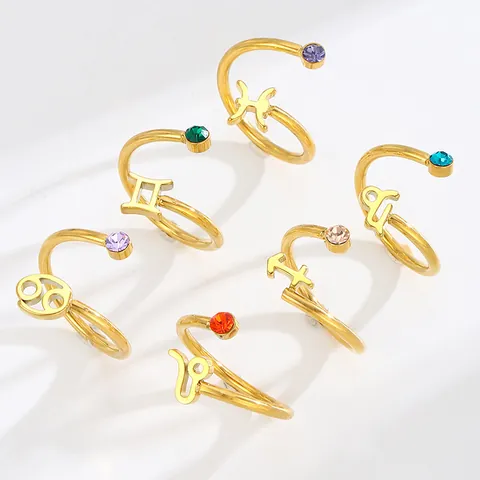 Anelli Aperti Zodiaco Placcati Oro 18K Acciaio Inossidabile Simboli Costellazione Zirconia Colorata Gioielli Regolabili Donne