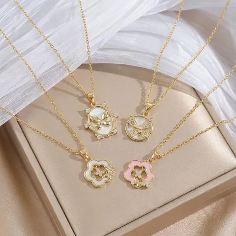 Stainless Steel Necklace For Women Elegant Butterfly Flower Mother Of Artificial Pearl Zirconia Pendant Clavicle Chain Jewelry