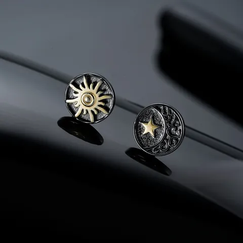 Retro Edelstahl Sonne Mond Sterne Ohrstecker Für Herren Damen Vintage Schwarz Gold Legierung Asymmetrische Celestial Niche Design Schmuck