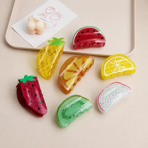 Korean Style Sweet Fruit Shape Acrylic Hair Claw Clip For Women Strawberry Lemon Watermelon Pineapple Shark Clip Hair Accessories