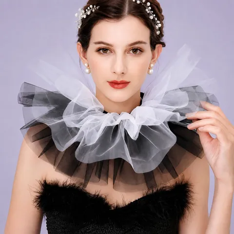 Collerette de Clown Halloween Noir Blanc Tulle Plissé Jabot de Cou Vintage Victorien Gothique Cosplay Scène Accessoire Femme