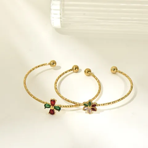 Stainless Steel Open Cuff Bracelet For Women Flower Colorful Zirconia Inlaid Gold Plated Hammered Texture Jewelry Gift
