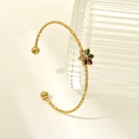 Stainless Steel Open Cuff Bracelet For Women Flower Colorful Zirconia Inlaid Gold Plated Hammered Texture Jewelry Gift