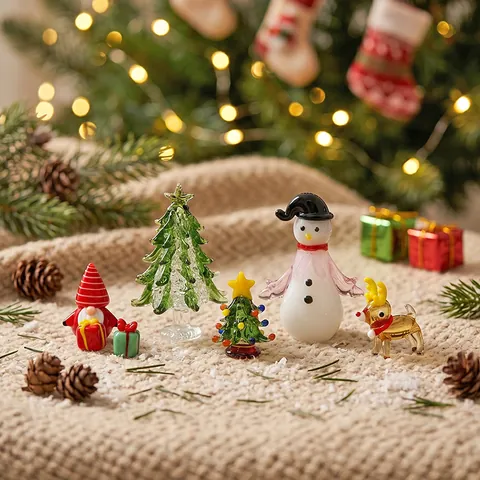Handgefertigt Farbige Glasur Weihnachtsfiguren Set Glas Weihnachtsbaum Schneemann Weihnachtsmann Rentier Miniatur Ornament Haus Deko