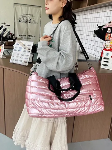 Sac de Voyage Matelassé en Coton Grande Capacité Brillant Métallique Sac Bandoulière Fitness Sac de Week-end pour Voyage en Plein Air Femmes