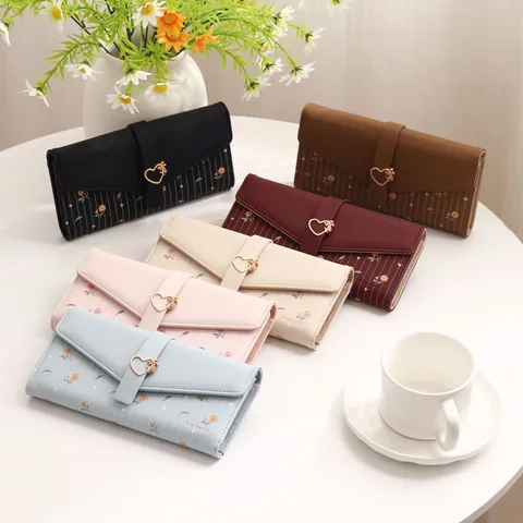Women Long Trifold Wallet PU Leather Large Capacity Purse With Flower Buckle Metal Chain Solid Color Handbag For Girls