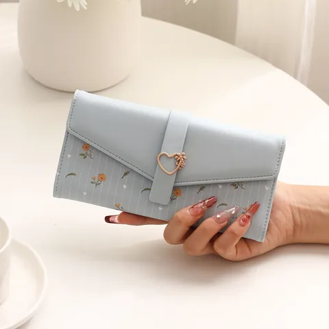 Women Long Trifold Wallet PU Leather Large Capacity Purse With Flower Buckle Metal Chain Solid Color Handbag For Girls