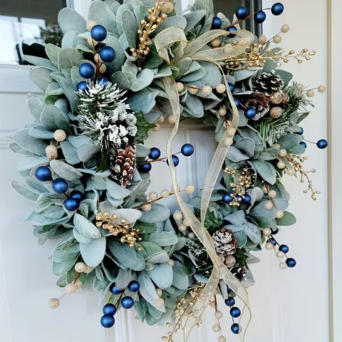 Christmas Wreath With Blue Gold Berries Pine Cones Rabbit Ear Leaves Winter Holiday Front Door Hanging Decoration