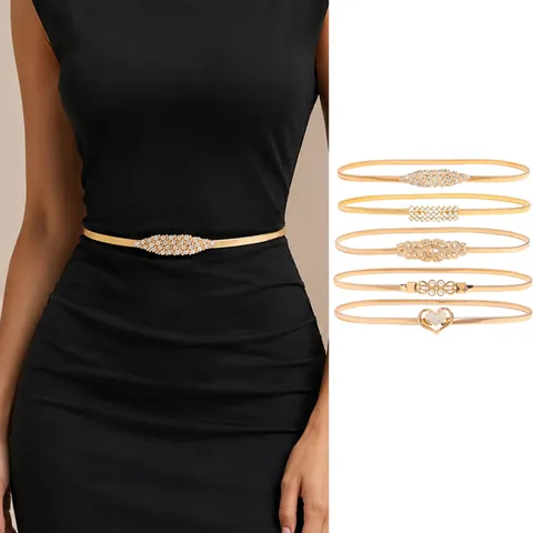 Women Elastic Metal Chain Belt For Dresses Luxury Rhinestone Artificial Pearl Buckle Gold Silver Waist Accessories