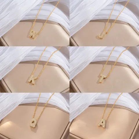 Fashion 26 English Initial Letter Zirconia Pendant Necklace Gold Plated Stainless Steel Chain Jewelry For Women Gift