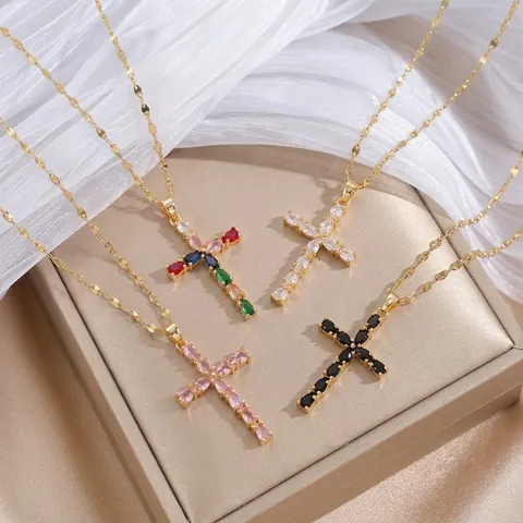Elegant Stainless Steel Cross Pendant Necklace For Women Colorful Zirconia Inlaid Gold Plated Fashion Jewelry Accessories Gift