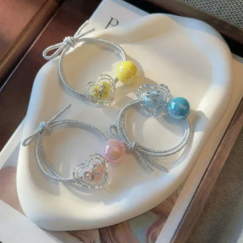 Style Coréen Fille Douce Cœur Nœud Papillon Élastique Cheveux Perles Colorées Fantôme Haute Élasticité Bande en Caoutchouc Accessoires Cheveux Femmes
