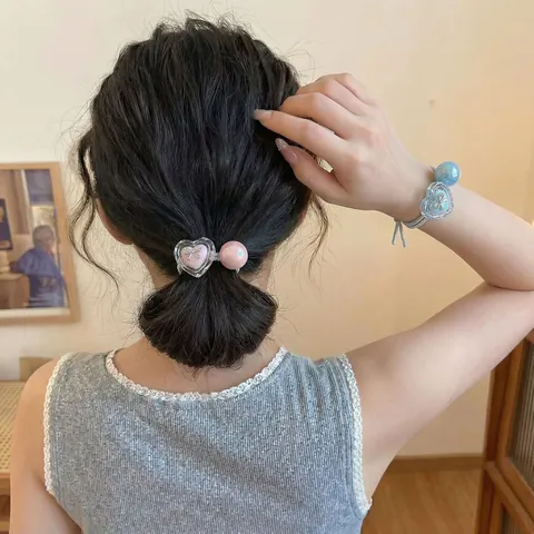 Style Coréen Fille Douce Cœur Nœud Papillon Élastique Cheveux Perles Colorées Fantôme Haute Élasticité Bande en Caoutchouc Accessoires Cheveux Femmes