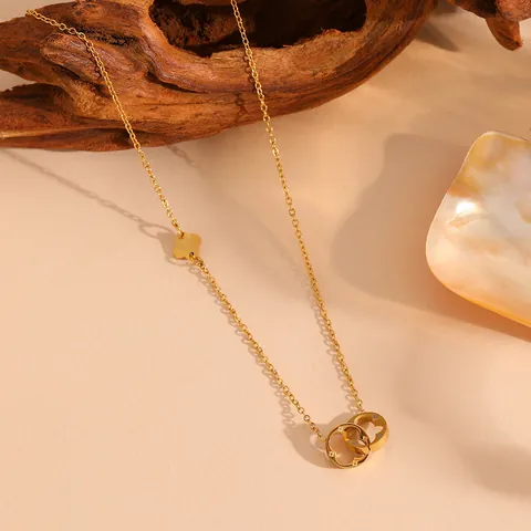 18K Gold Plated Titanium Steel Four Leaf Clover Hollow Double Ring Pendant Necklace For Women Light Luxury Fashion Jewelry