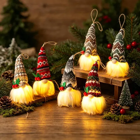 Pendentif Gnome Lumineux de Noël Avec Lumières LED Chapeau Tricoté Poupée Sans Visage Ornement pour Arbre de Noël Maison Fête Décoration