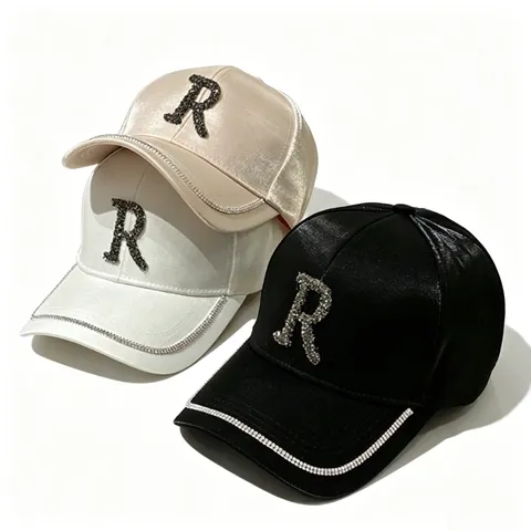 Women Fashion Satin Baseball Cap Bling Rhinestone Letter M R Adjustable Shiny Sun Hat Outdoor Casual Luxury Hat