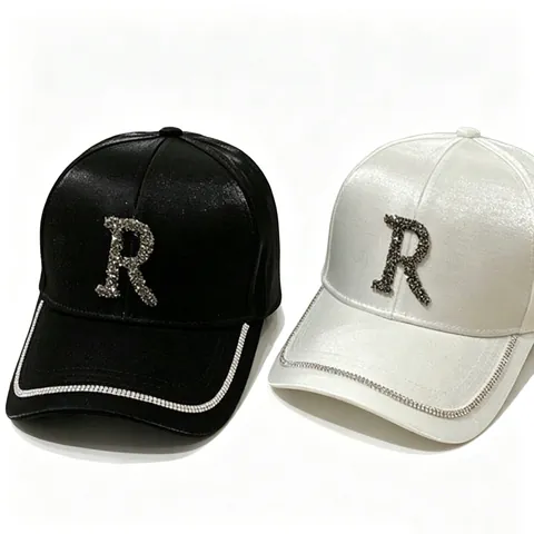 Women Fashion Satin Baseball Cap Bling Rhinestone Letter M R Adjustable Shiny Sun Hat Outdoor Casual Luxury Hat